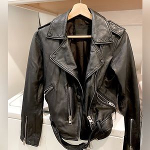 Black All saints, leather jacket, biker jacket with belt, real leather XS